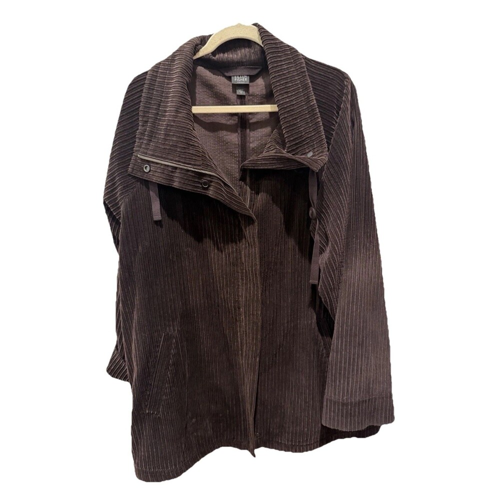 Eileen Fisher Jacket Women 1X Brown Corduroy 100% Organic Cotton Full Zip Hooded